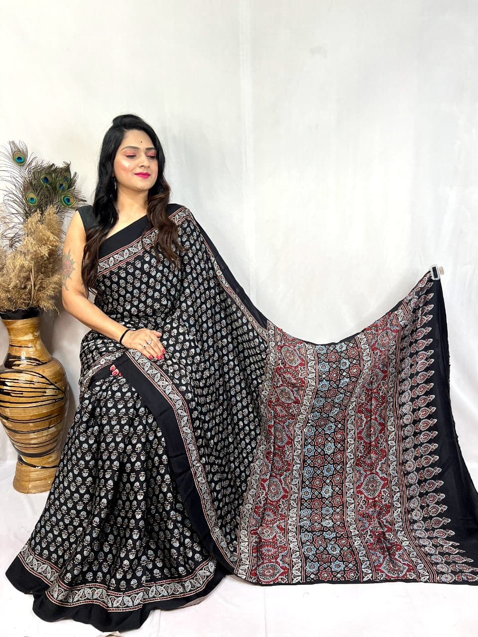 Modal Silk Ajrakh Handblock Print Beautiful Saree - Image 7