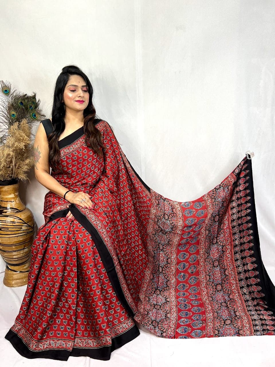 Modal Silk Ajrakh Handblock Print Beautiful Saree - Image 3