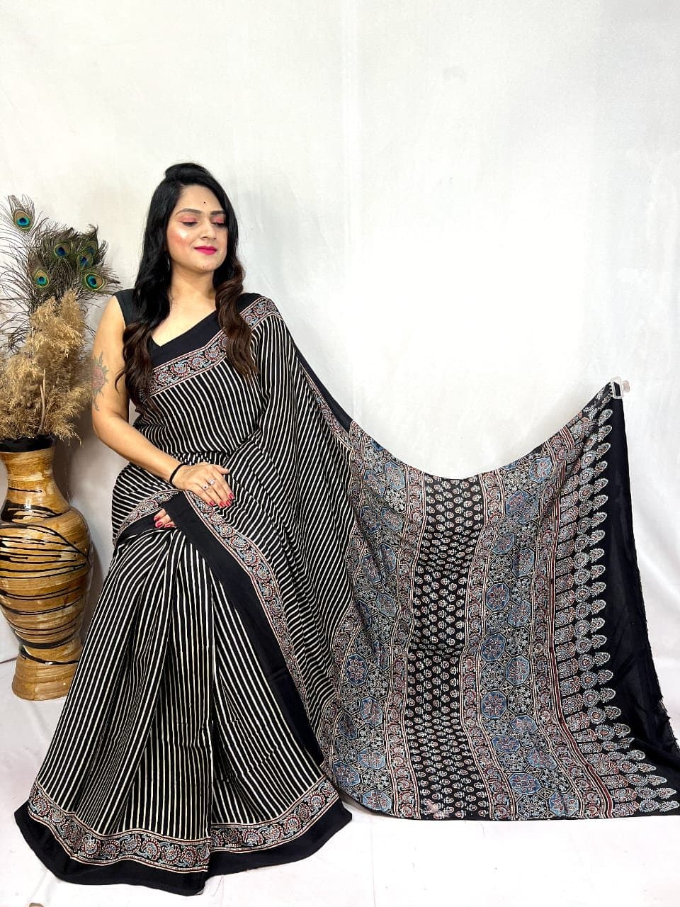 Modal Silk Ajrakh Handblock Print Beautiful Saree - Image 4