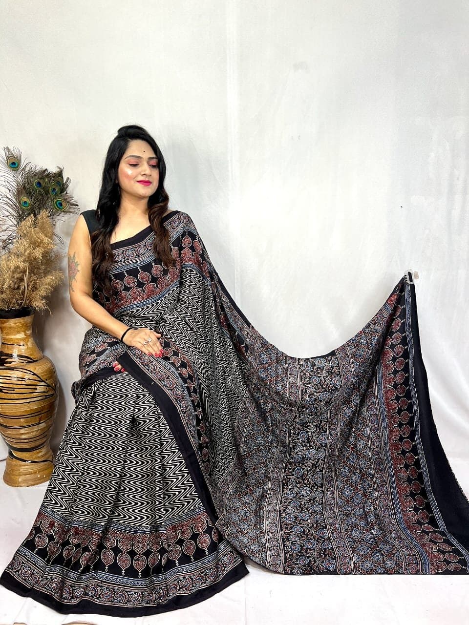 Modal Silk Ajrakh Handblock Print Beautiful Saree - Image 6
