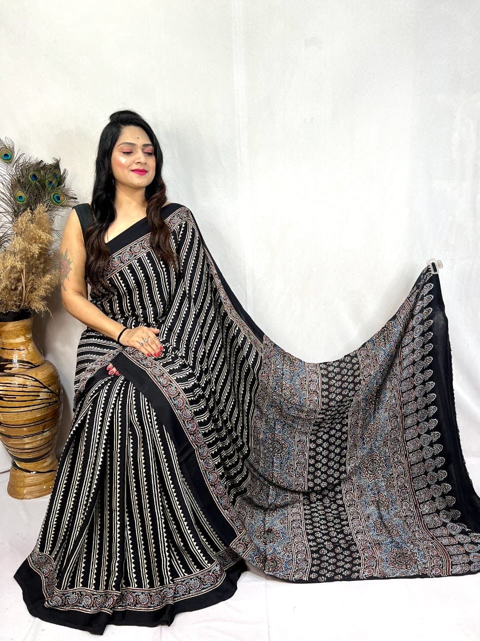 Modal Silk Ajrakh Handblock Print Beautiful Saree - Image 5
