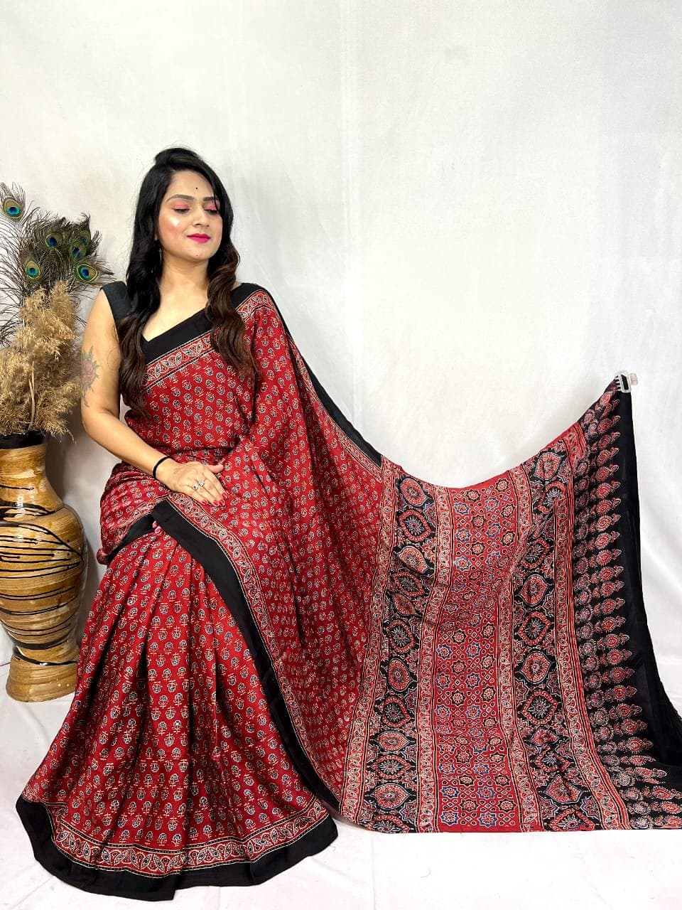 Modal Silk Ajrakh Handblock Print Beautiful Saree - Image 10