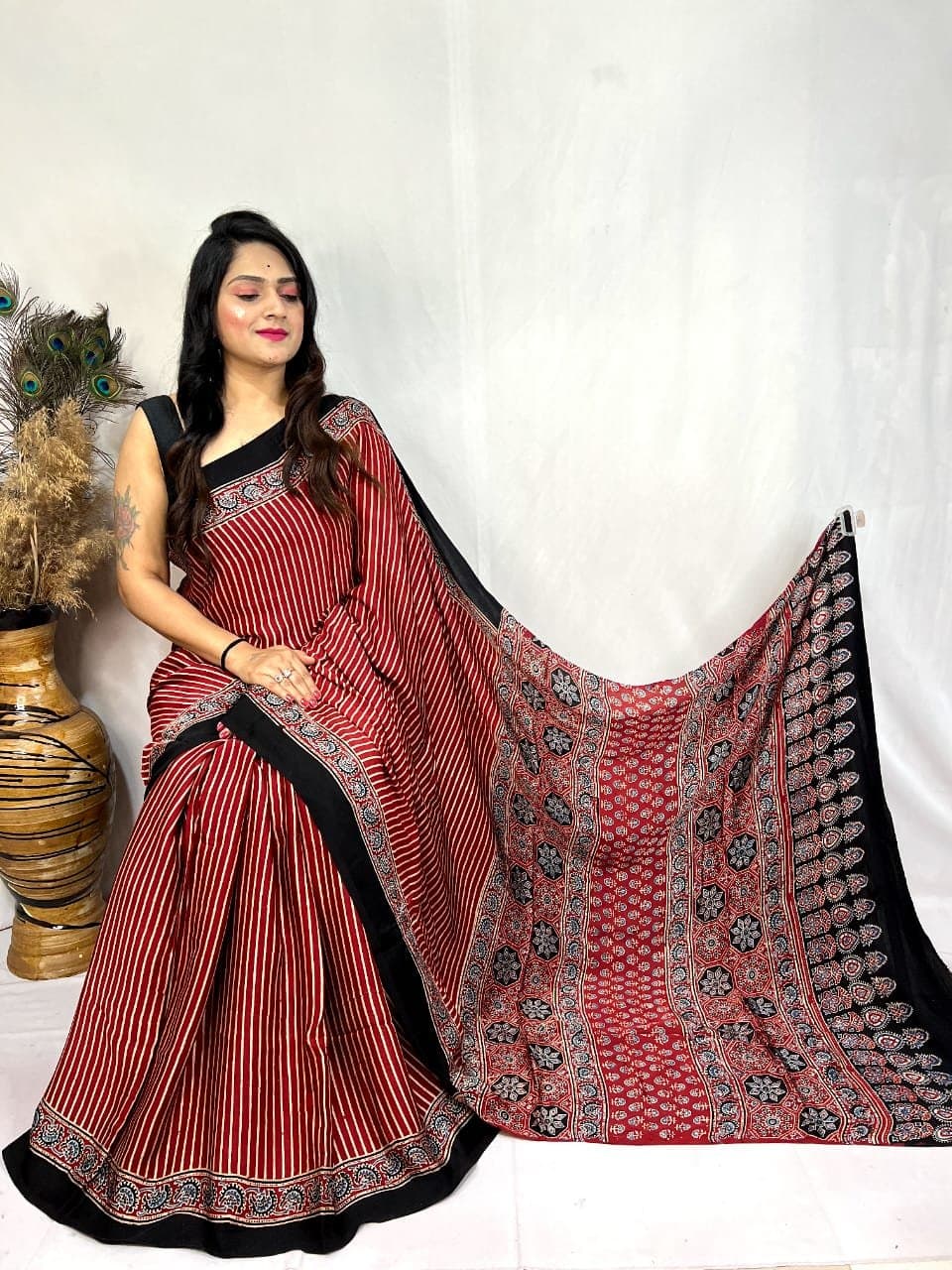 Modal Silk Ajrakh Handblock Print Beautiful Saree - Image 8