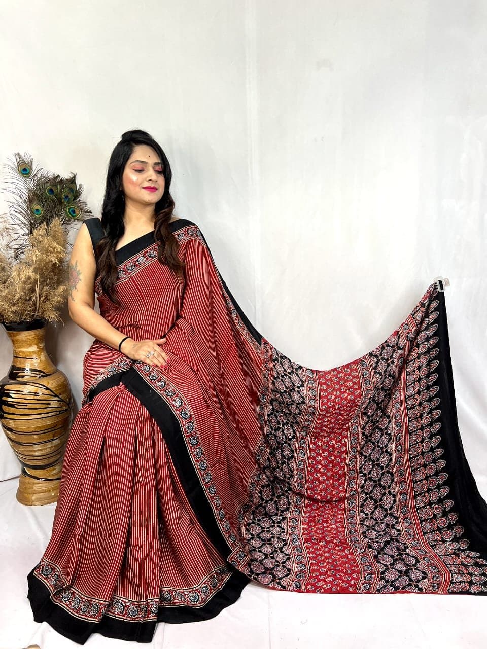 Modal Silk Ajrakh Handblock Print Beautiful Saree - Image 2