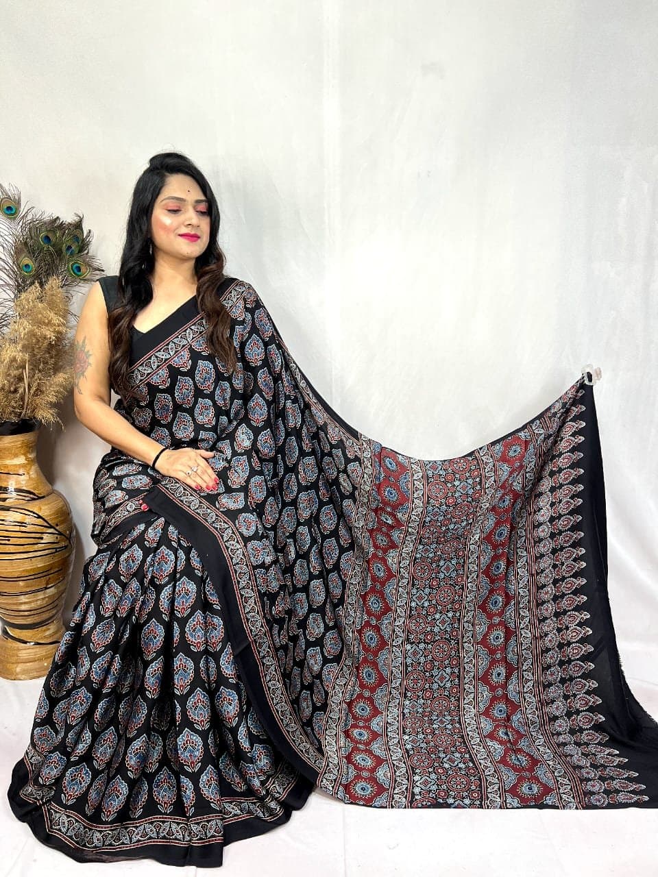 Modal Silk Ajrakh Handblock Print Beautiful Saree - Image 9