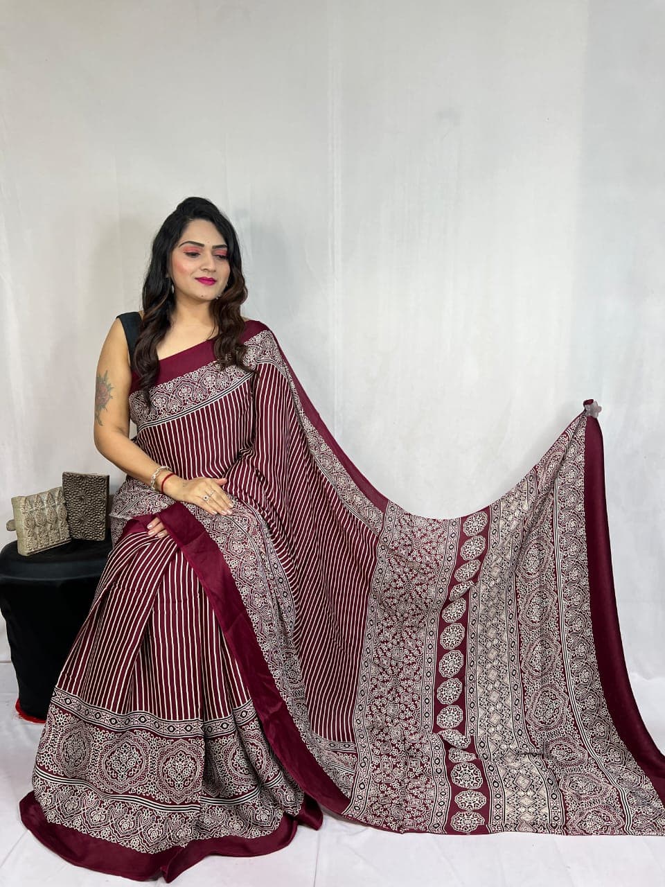 Modal Gajji Silk Ajrakh with Lining Saree - Image 7