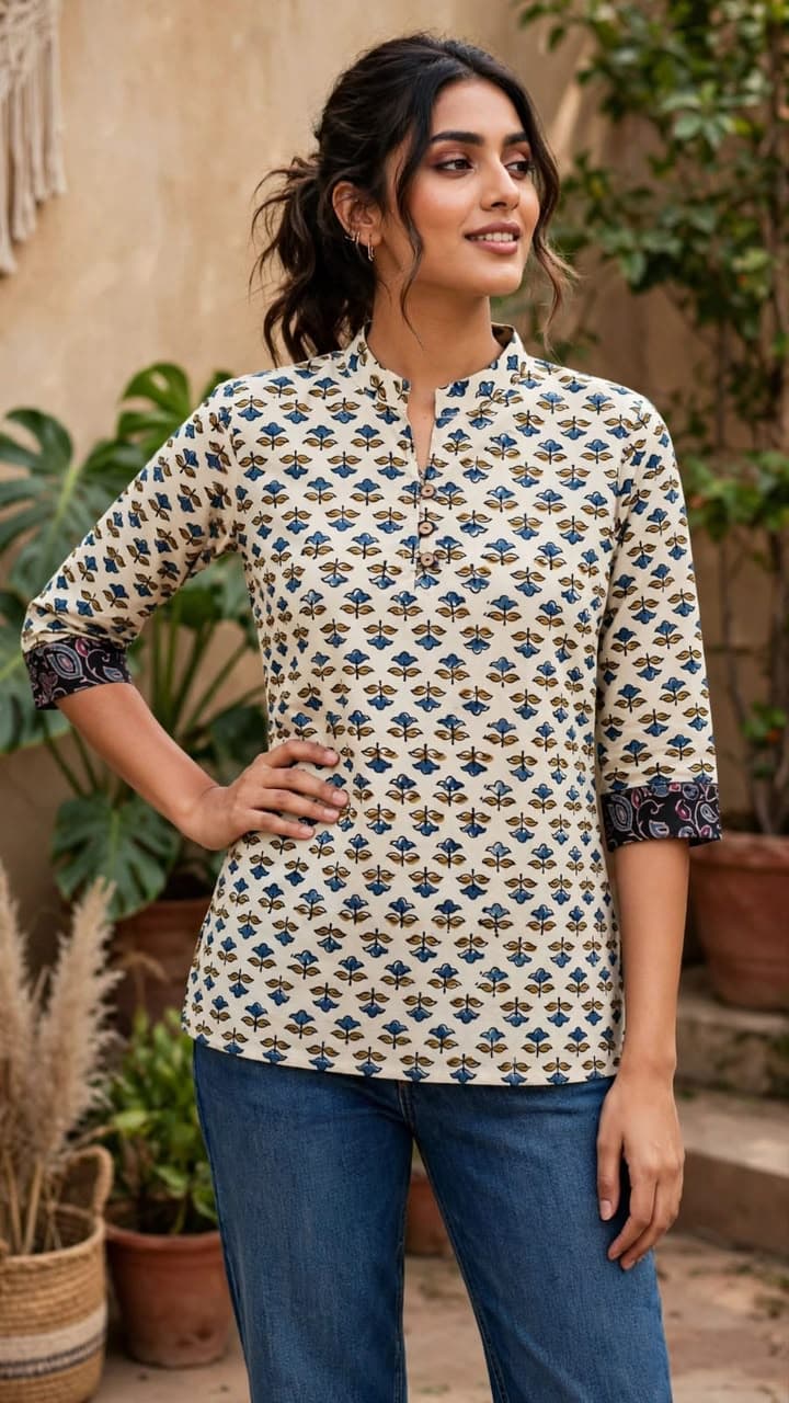 Premium Ajrakh Natural Print Straight Collar Top - Image 2