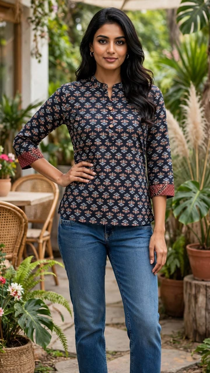Premium Ajrakh Natural Print Straight Collar Top - Image 3