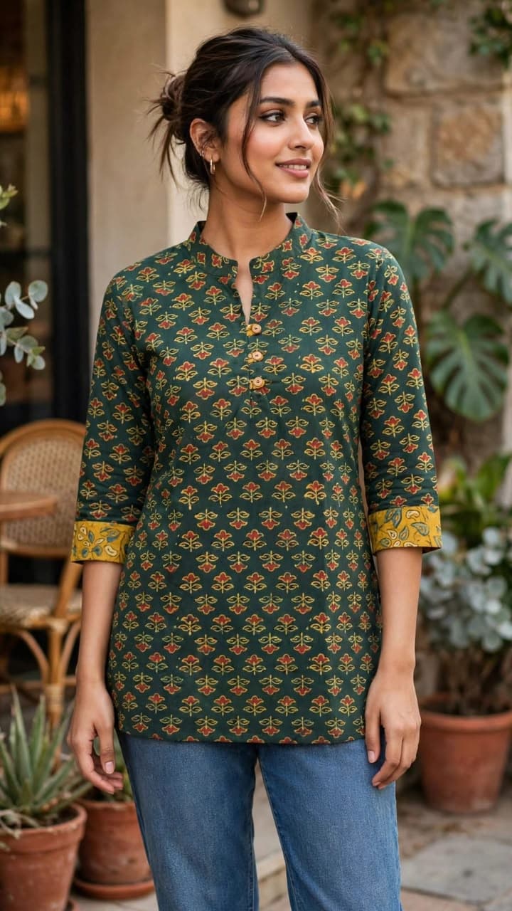 Premium Ajrakh Natural Print Straight Collar Top