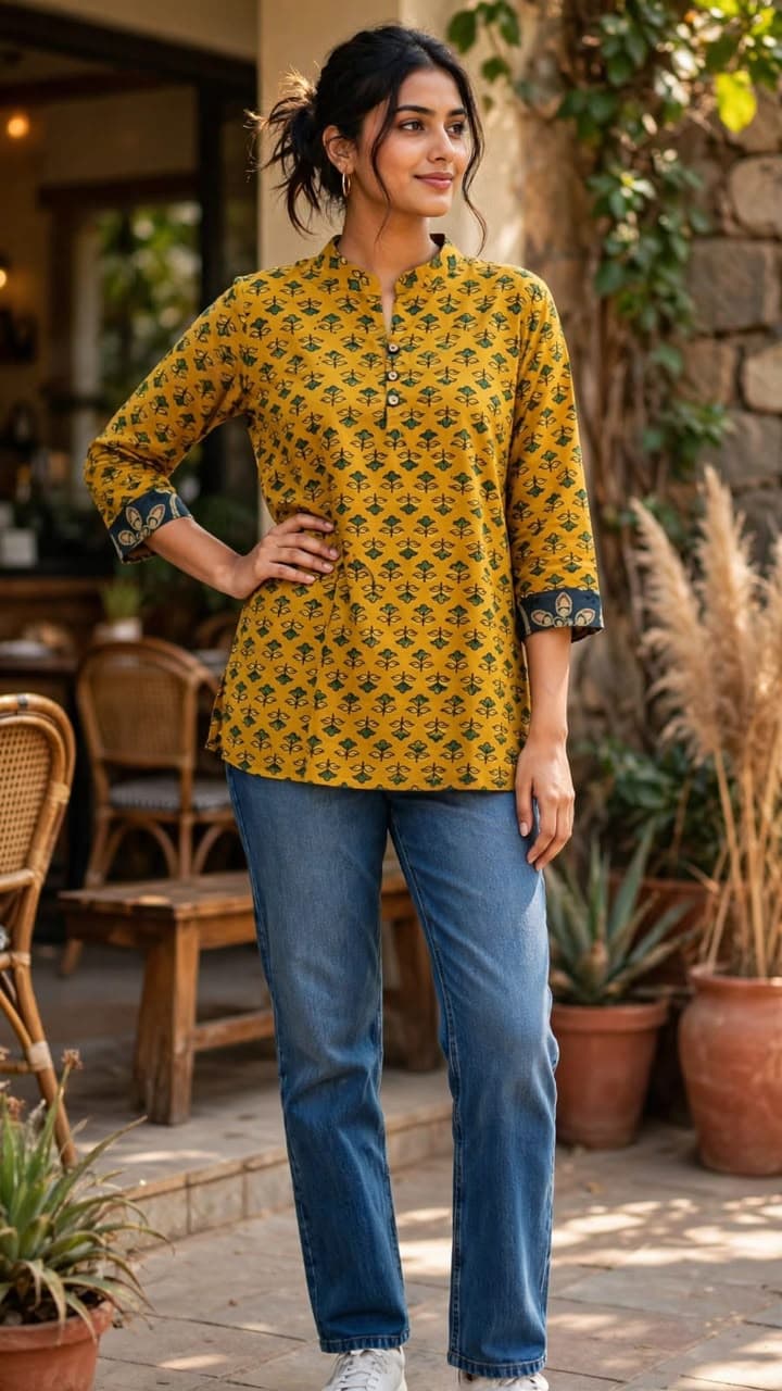 Premium Ajrakh Natural Print Straight Collar Top - Image 4