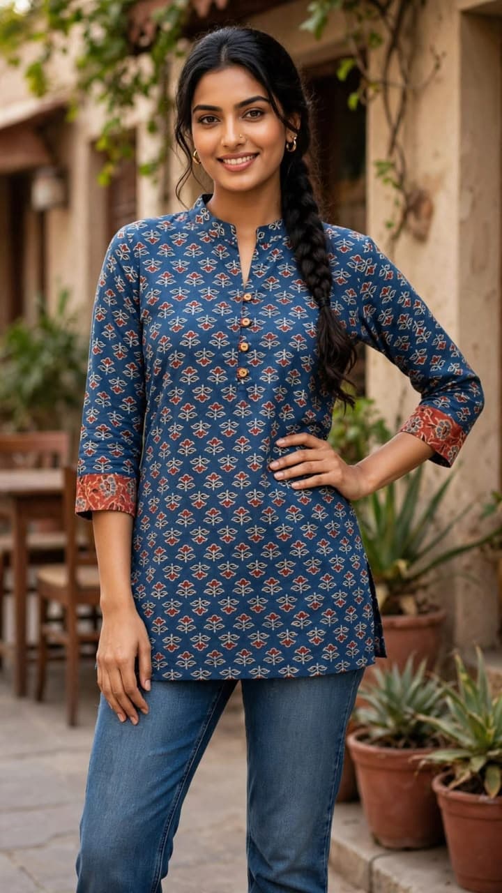 Premium Ajrakh Natural Print Straight Collar Top - Image 6