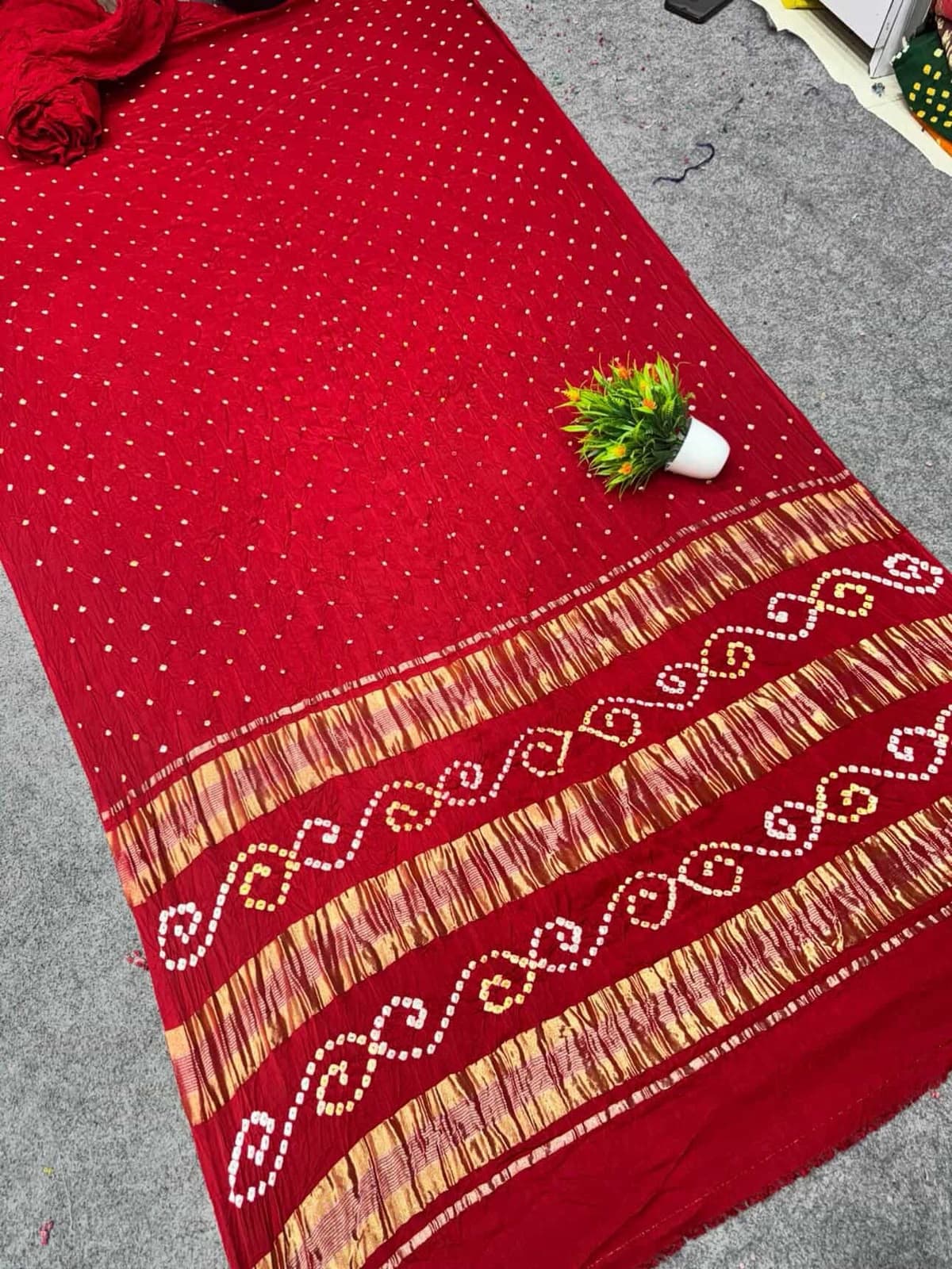 PURE MODAL SILK 3 ZARI BORDER BANDHANI SAREE