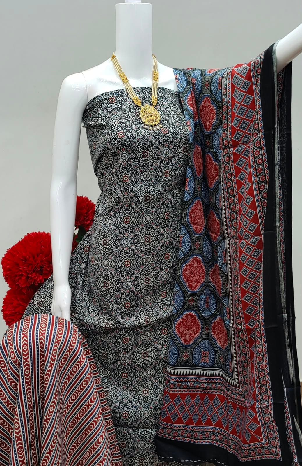 SOFT RAYON AJRAKH NECK PRINT DYEING DRESS MATERIAL - Image 3
