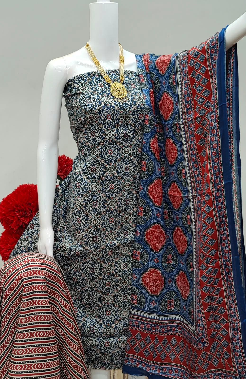 SOFT RAYON AJRAKH NECK PRINT DYEING DRESS MATERIAL - Image 4