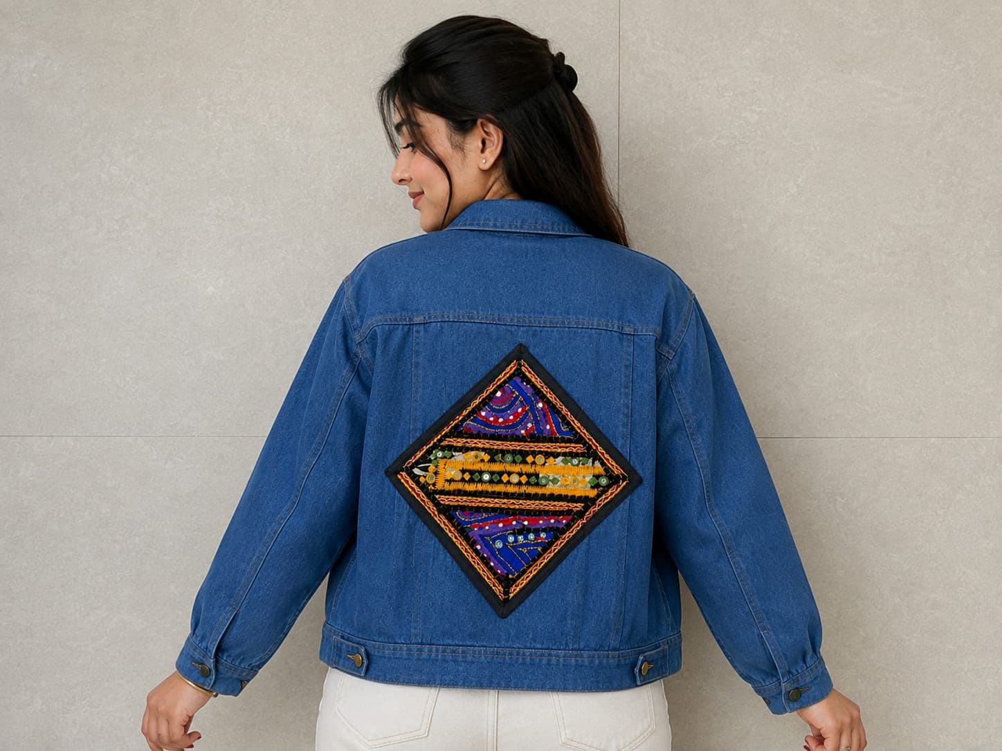 Denim Kutchi Patch Work Mirror Work Jacket - Image 3