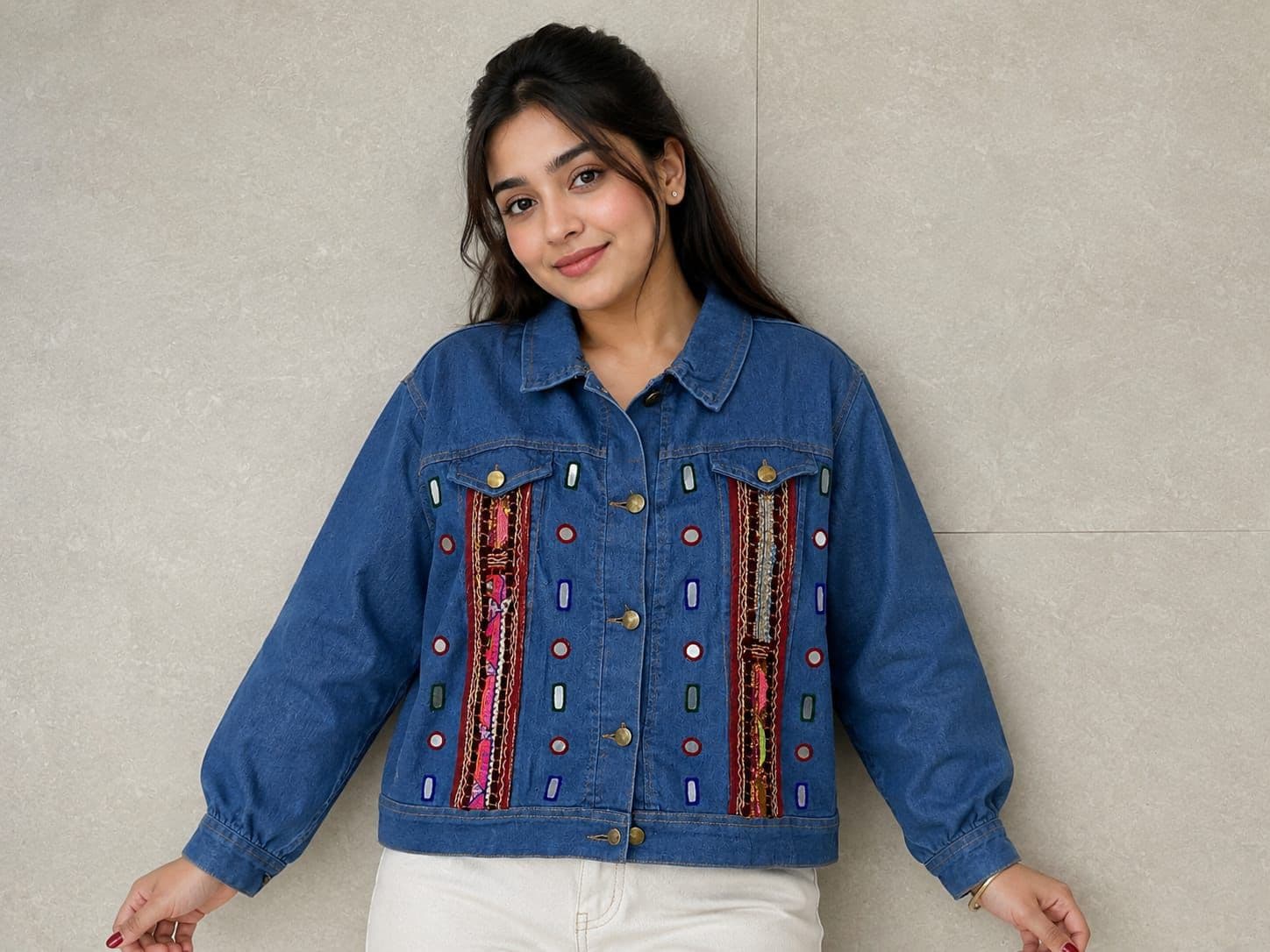 Denim Kutchi Patch Work Mirror Work Jacket - Image 2