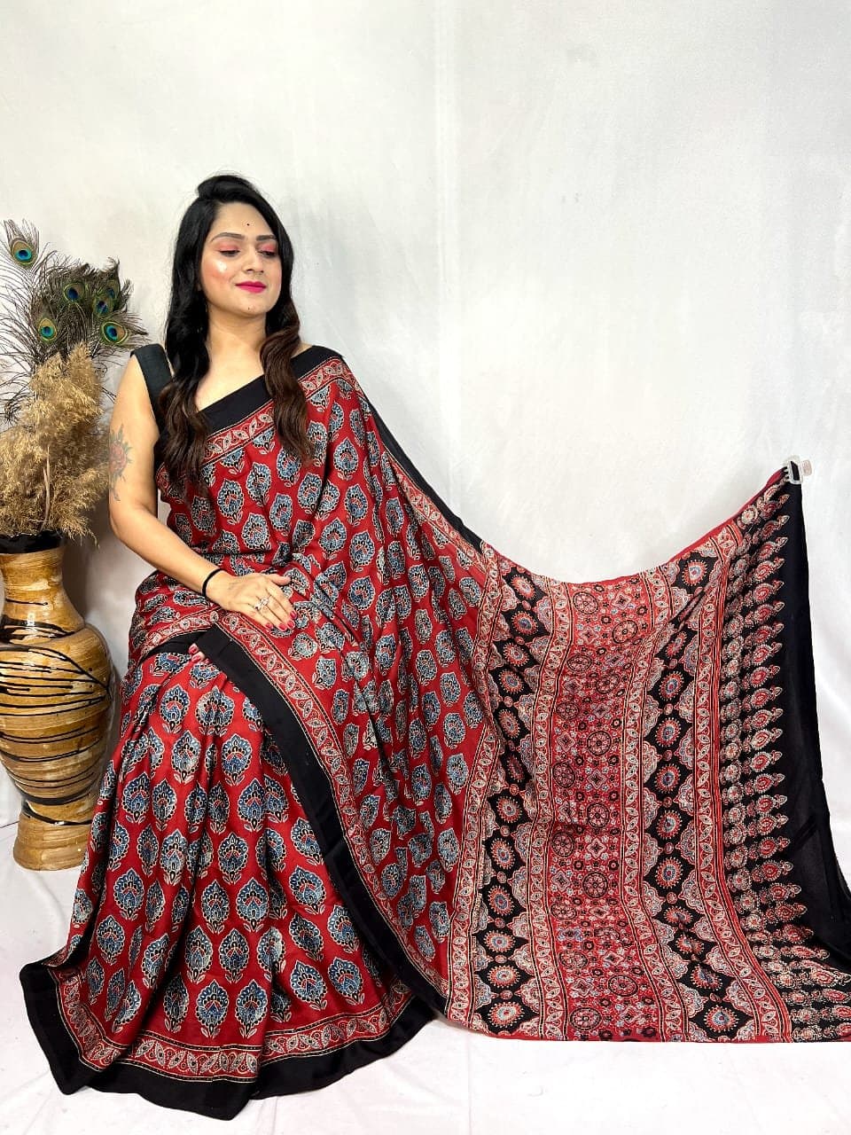 Modal Silk Ajrakh Handblock Print Beautiful Saree