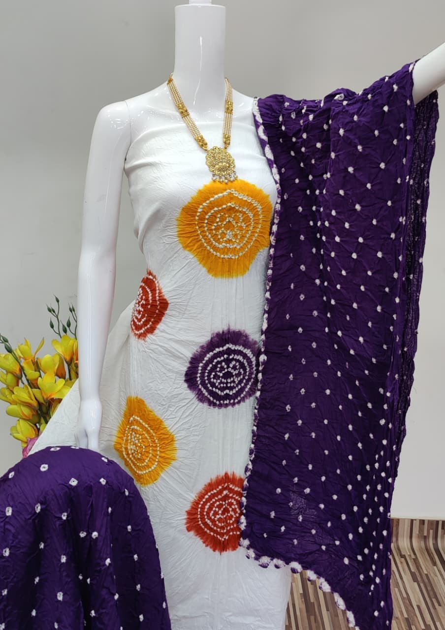 Exclusive Cotton Satin Bandhej Dress Material Set