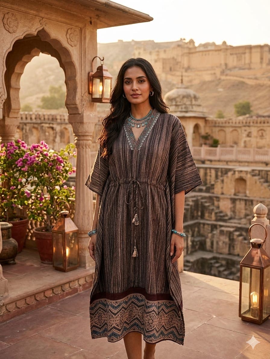 Brush Print Cotton Long Kaftan – Comfortable Daily Wear