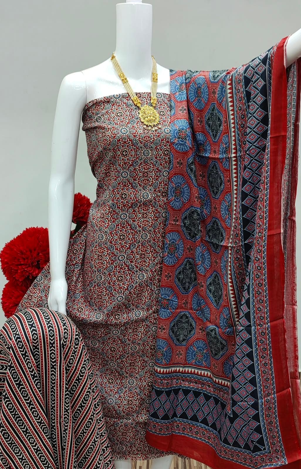 SOFT RAYON AJRAKH NECK PRINT DYEING DRESS MATERIAL