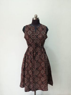 Cotton Kantha Ajrakh Natural Dye Handblock Print A-line Kurti One Piece