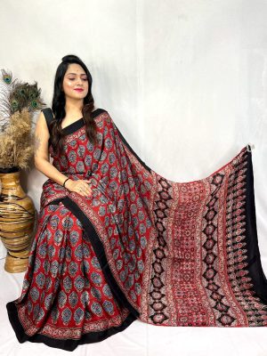 Modal Silk Ajrakh Handblock Print Beautiful Saree