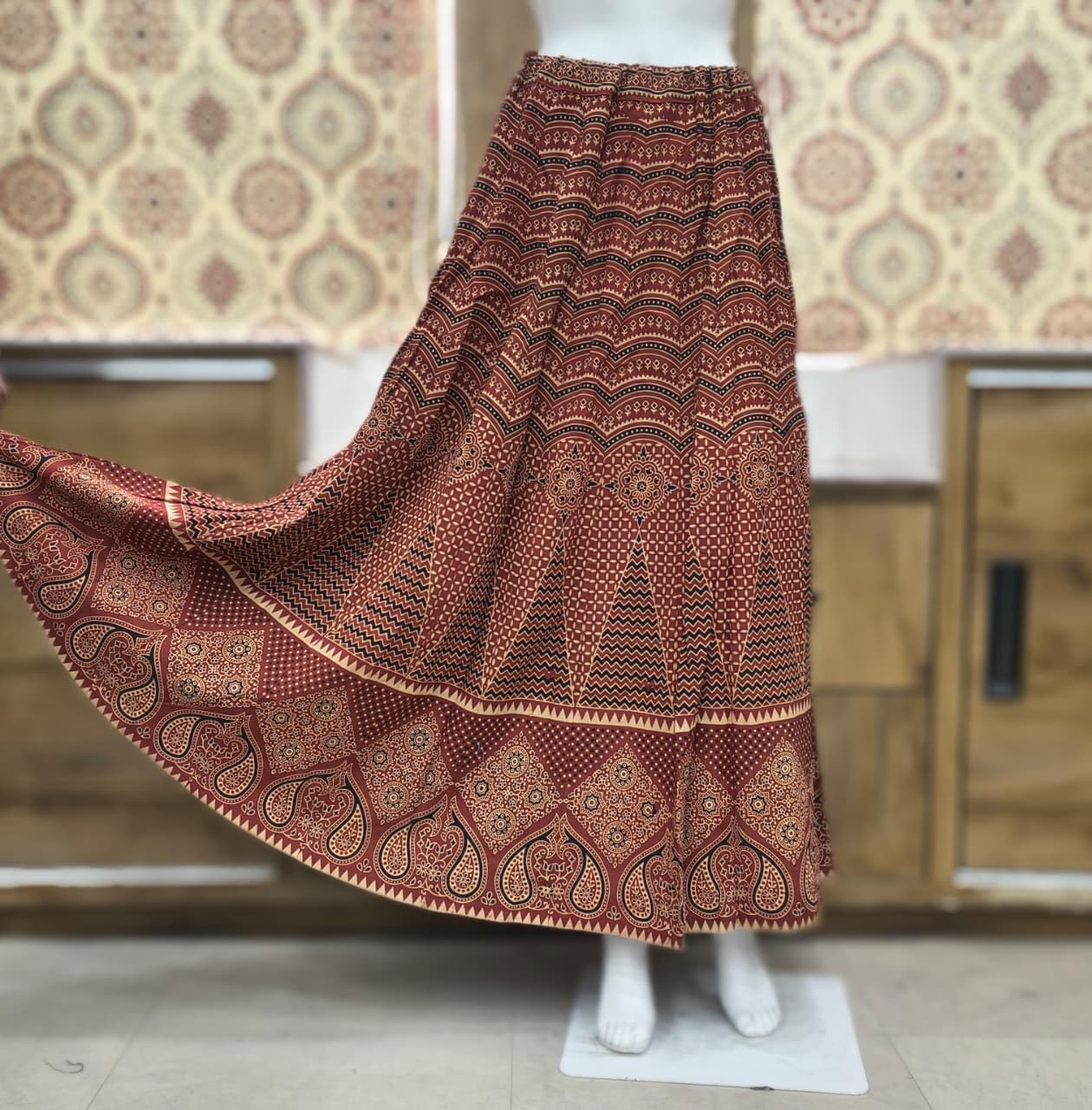 Cotton Ajrakh Handblock Natural Dye Kali Skirt - Image 5
