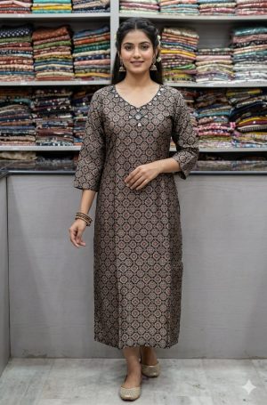 Long Straight Ajrakh Kurti with Mirror Work