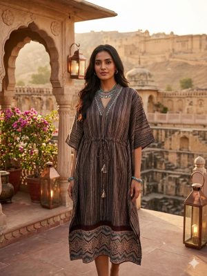 Brush Print Cotton Long Kaftan – Comfortable Daily Wear